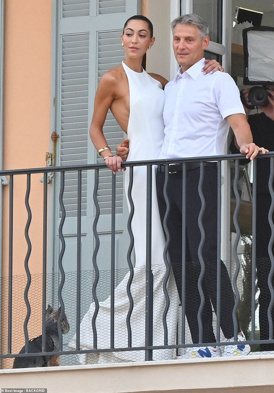 The couple donned matching white outfits as they waited for their guests to arrive in Saint Tropez on Thursday